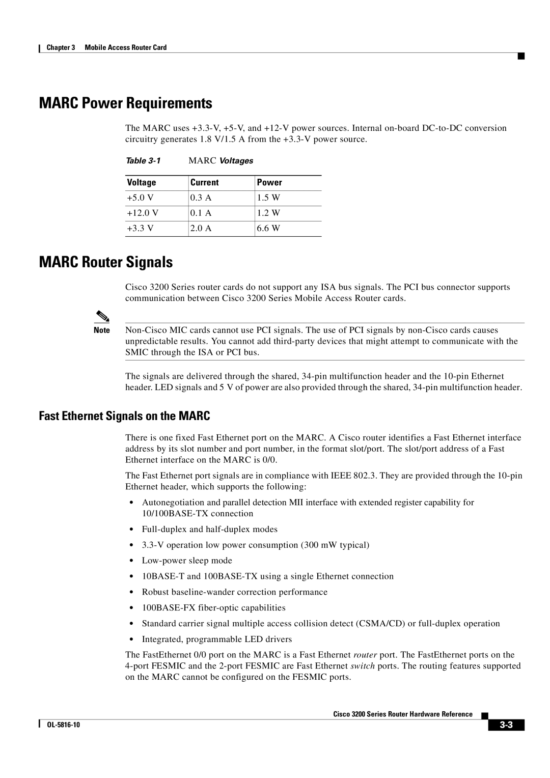 Cisco Systems 3200 manual Marc Power Requirements, Marc Router Signals, Fast Ethernet Signals on the Marc 