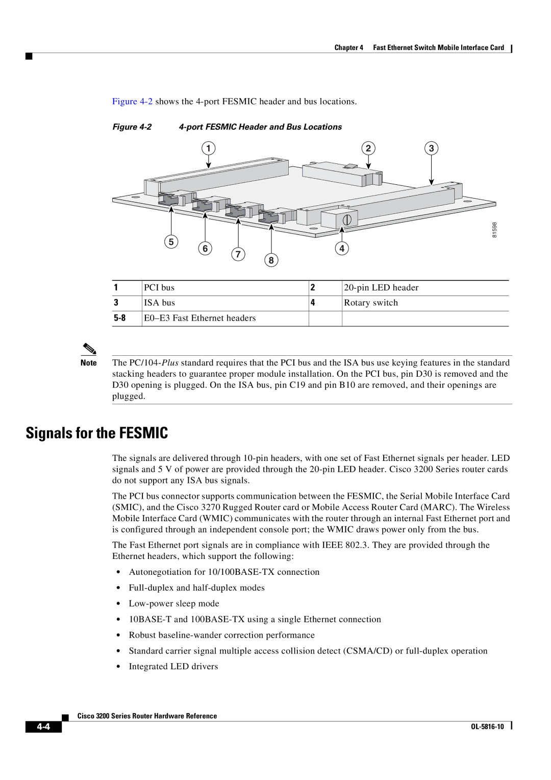 Cisco Systems 3200 manual Signals for the Fesmic, 2shows the 4-port Fesmic header and bus locations 