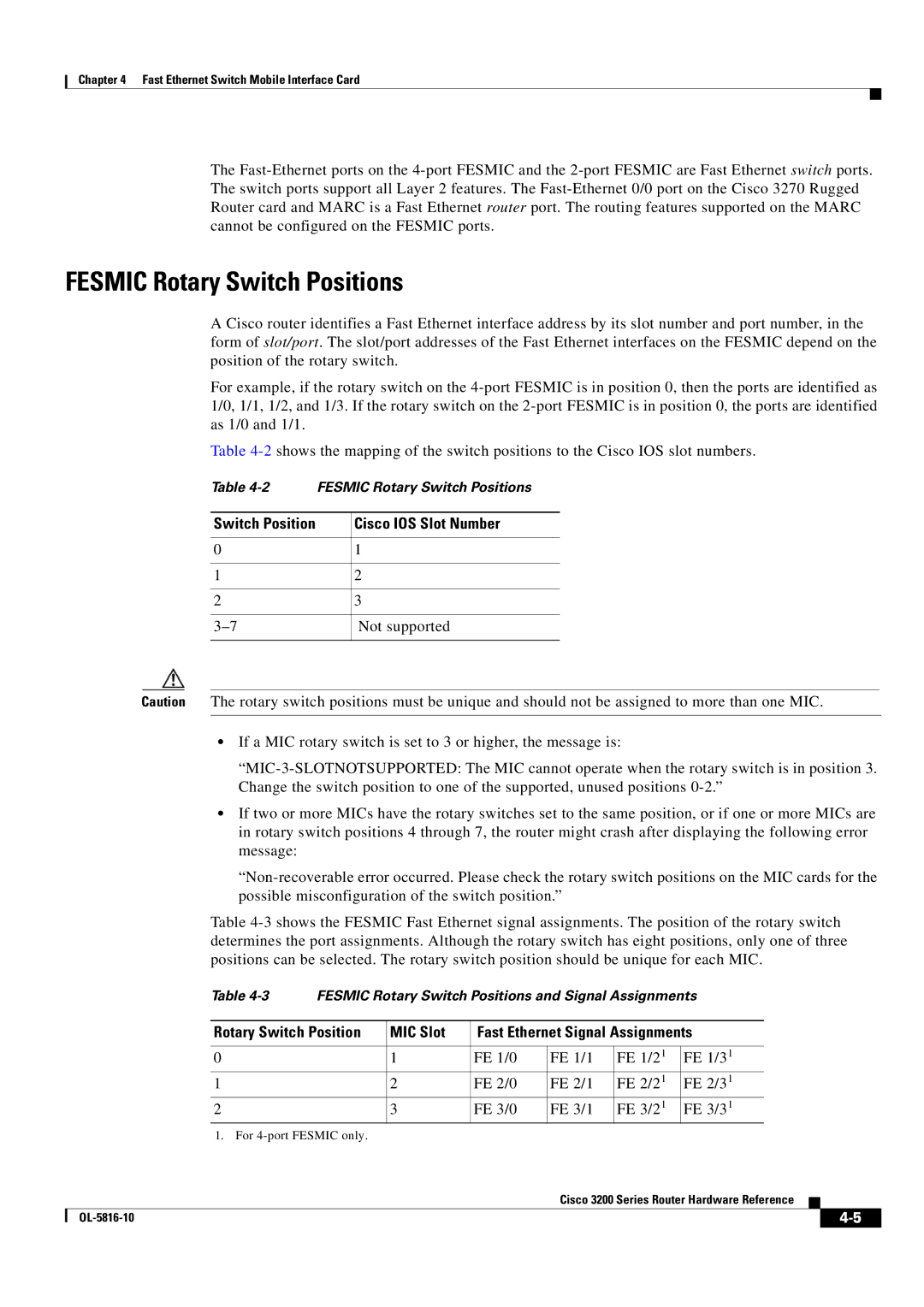 Cisco Systems 3200 manual Fesmic Rotary Switch Positions, Cisco IOS Slot Number 