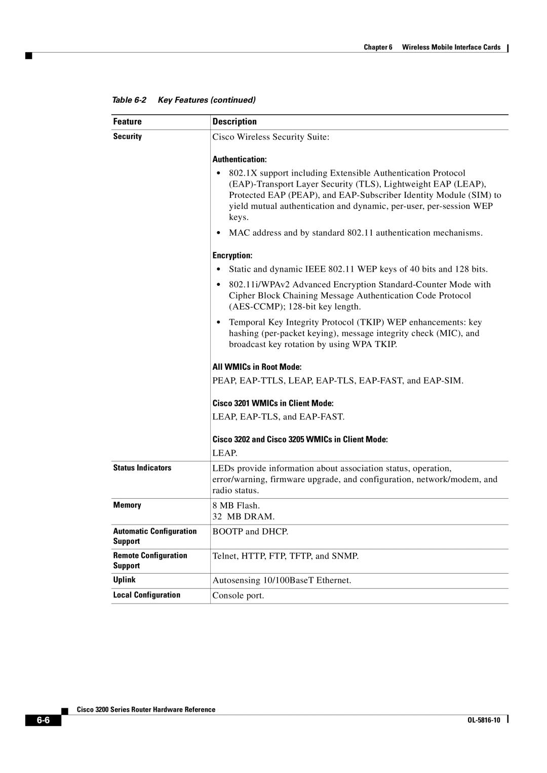 Cisco Systems 3200 manual Authentication, Encryption, All WMICs in Root Mode, Cisco 3201 WMICs in Client Mode 