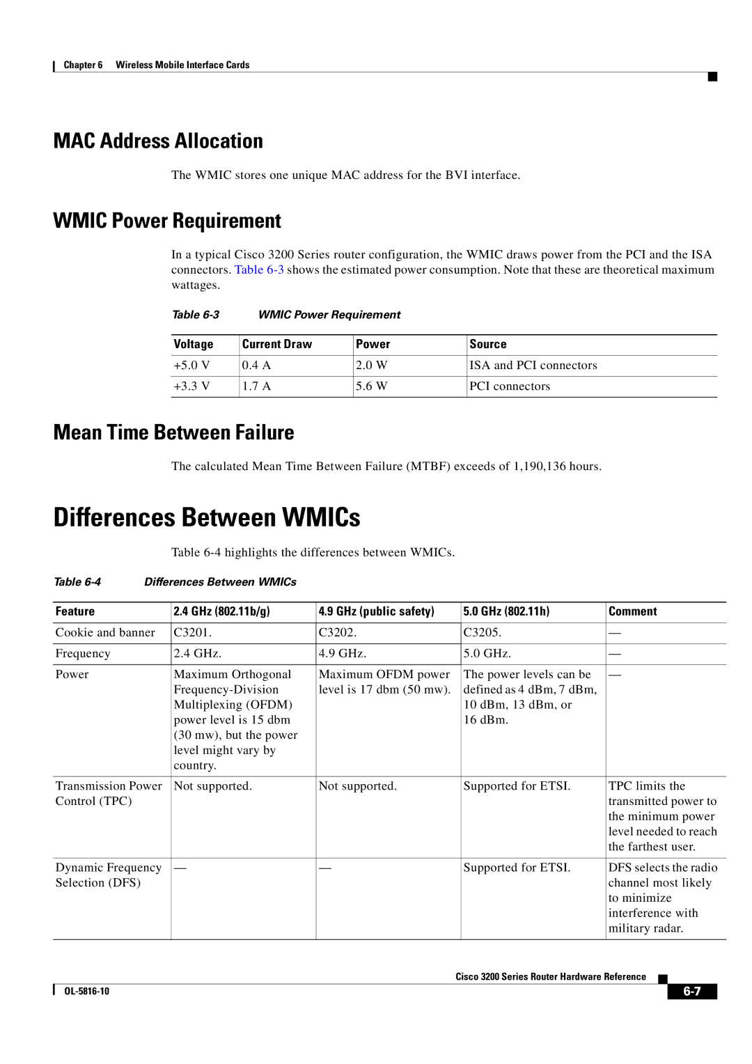 Cisco Systems 3200 Differences Between WMICs, MAC Address Allocation, Wmic Power Requirement, Mean Time Between Failure 