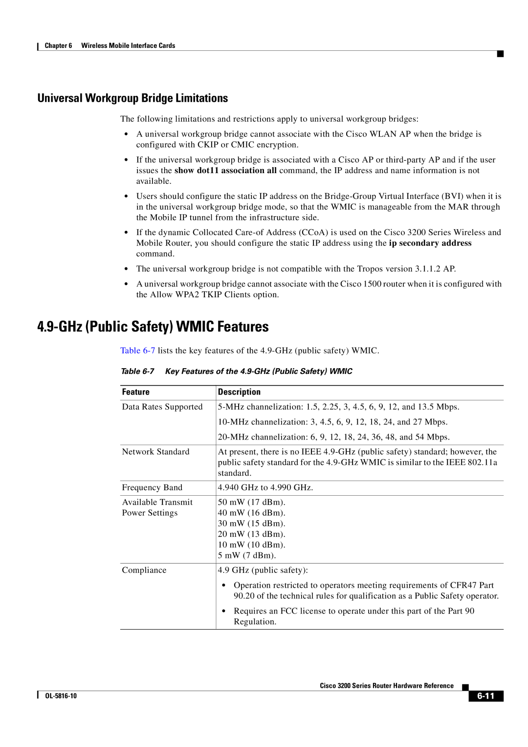 Cisco Systems 3200 manual GHz Public Safety Wmic Features, Universal Workgroup Bridge Limitations 