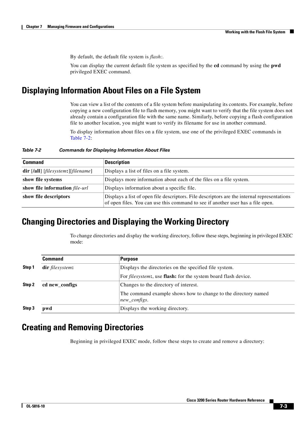 Cisco Systems 3200 manual Displaying Information About Files on a File System, Creating and Removing Directories 