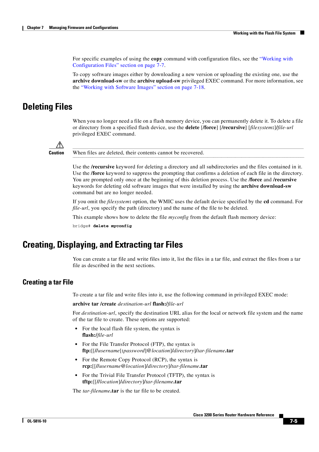 Cisco Systems 3200 manual Deleting Files, Creating, Displaying, and Extracting tar Files, Creating a tar File 