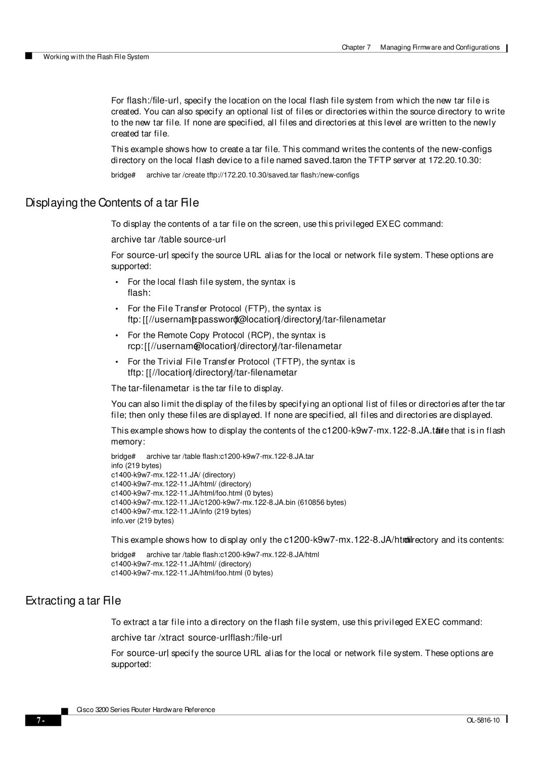 Cisco Systems 3200 manual Displaying the Contents of a tar File, Extracting a tar File 