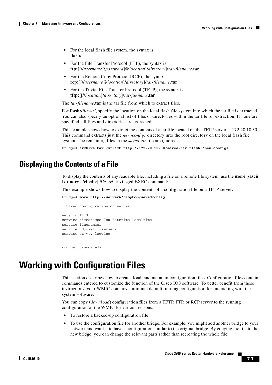 Cisco Systems 3200 manual Working with Configuration Files, Displaying the Contents of a File 