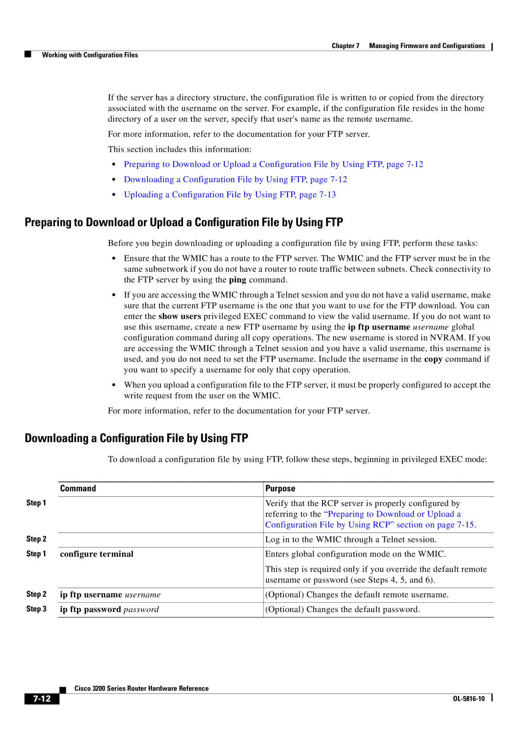 Cisco Systems 3200 manual Downloading a Configuration File by Using FTP, Configure terminal, Ip ftp username username 