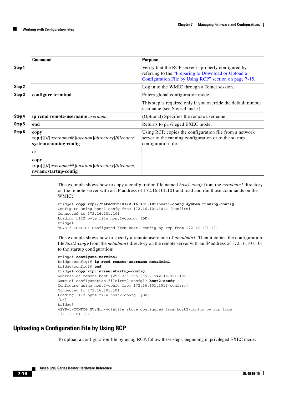 Cisco Systems 3200 Uploading a Configuration File by Using RCP, Ip rcmd remote-username username, Systemrunning-config 