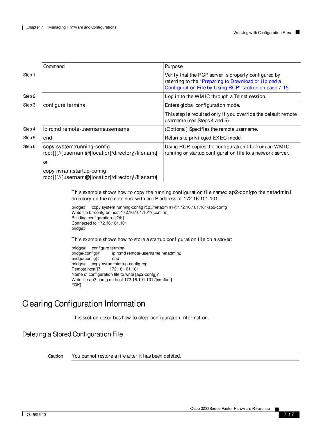 Cisco Systems 3200 Clearing Configuration Information, Deleting a Stored Configuration File, Copy systemrunning-config 