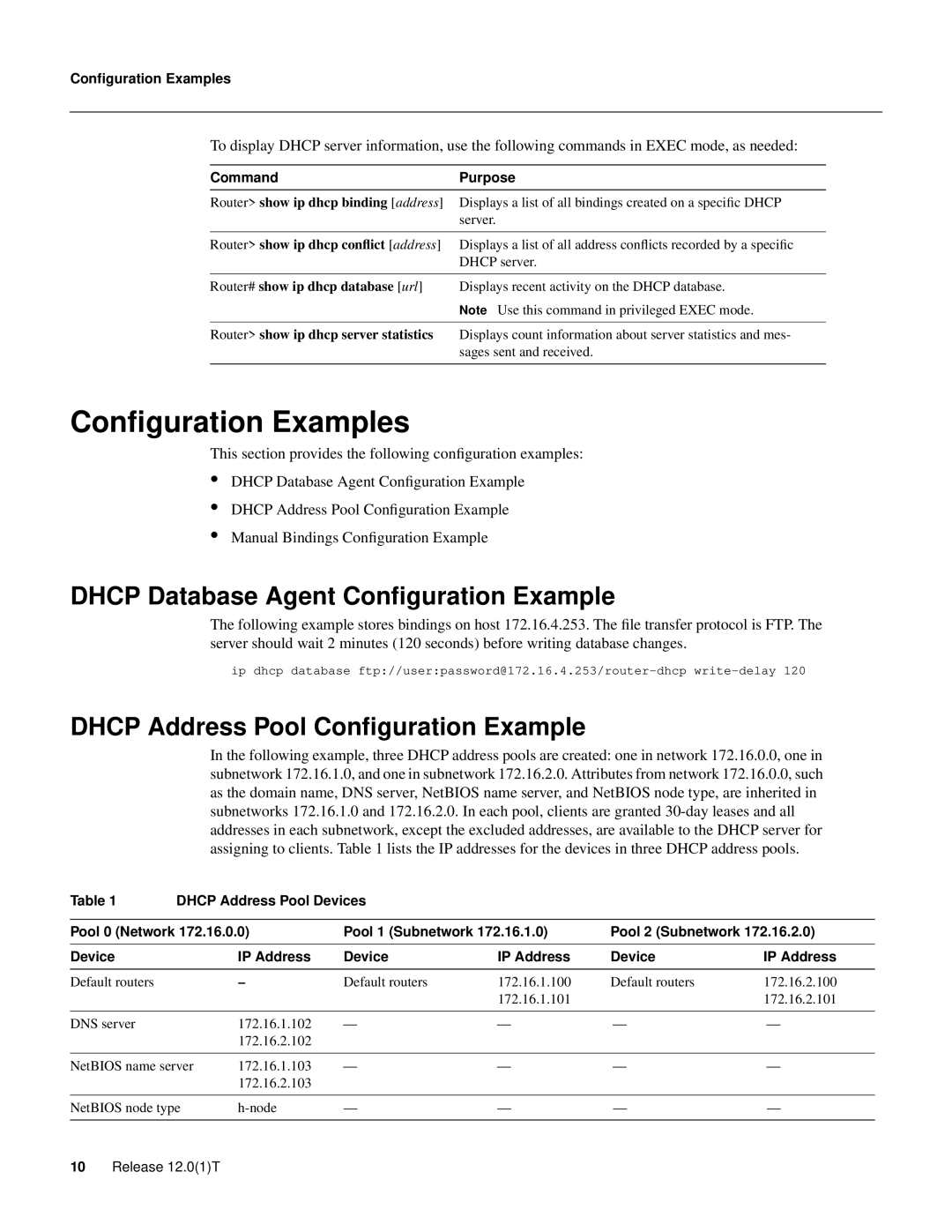 Cisco Systems 32369 manual Conﬁguration Examples, DHCP Database Agent Conﬁguration Example 