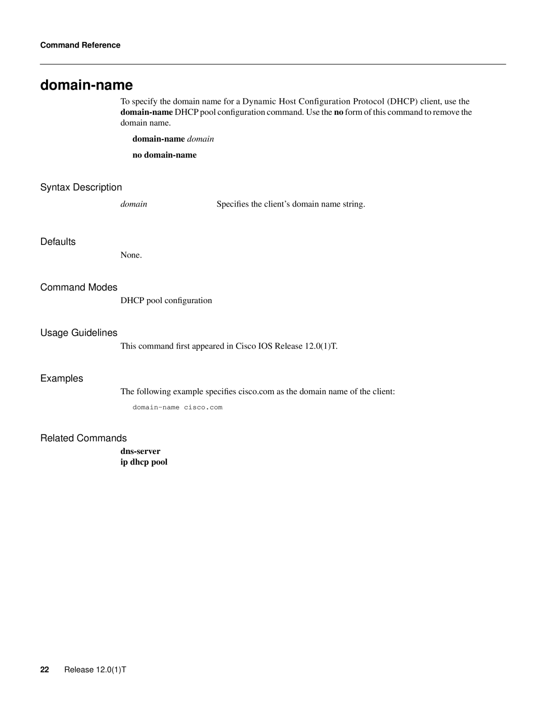 Cisco Systems 32369 domain-name domain no domain-name, dns-server ip dhcp pool, Syntax Description, Defaults, Examples 