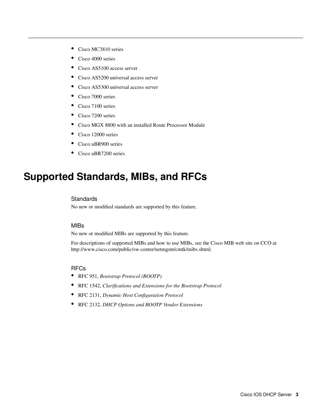 Cisco Systems 32369 manual Supported Standards, MIBs, and RFCs, RFC 951, Bootstrap Protocol BOOTP 