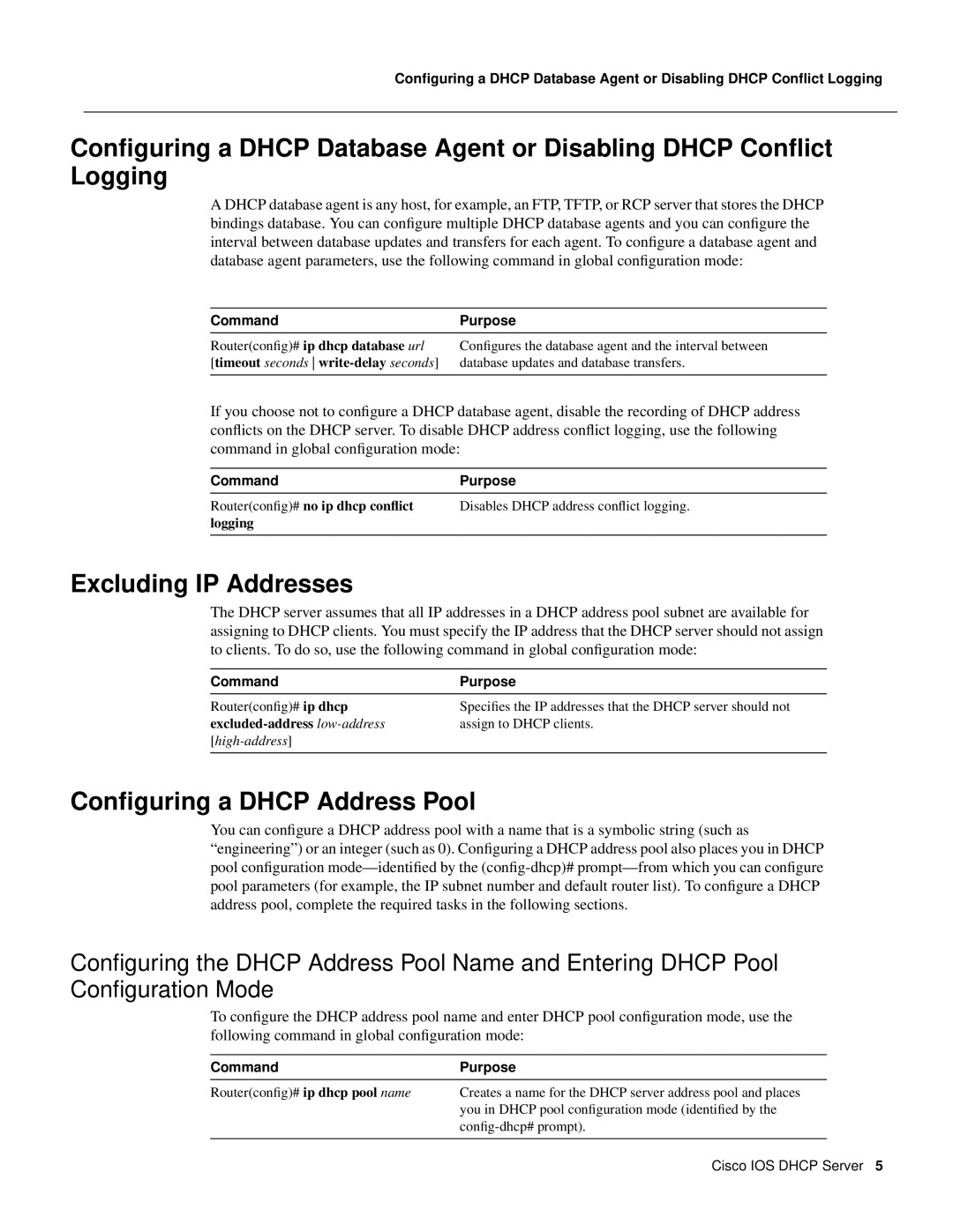 Cisco Systems 32369 Conﬁguring a DHCP Database Agent or Disabling DHCP Conﬂict Logging, Excluding IP Addresses, logging 
