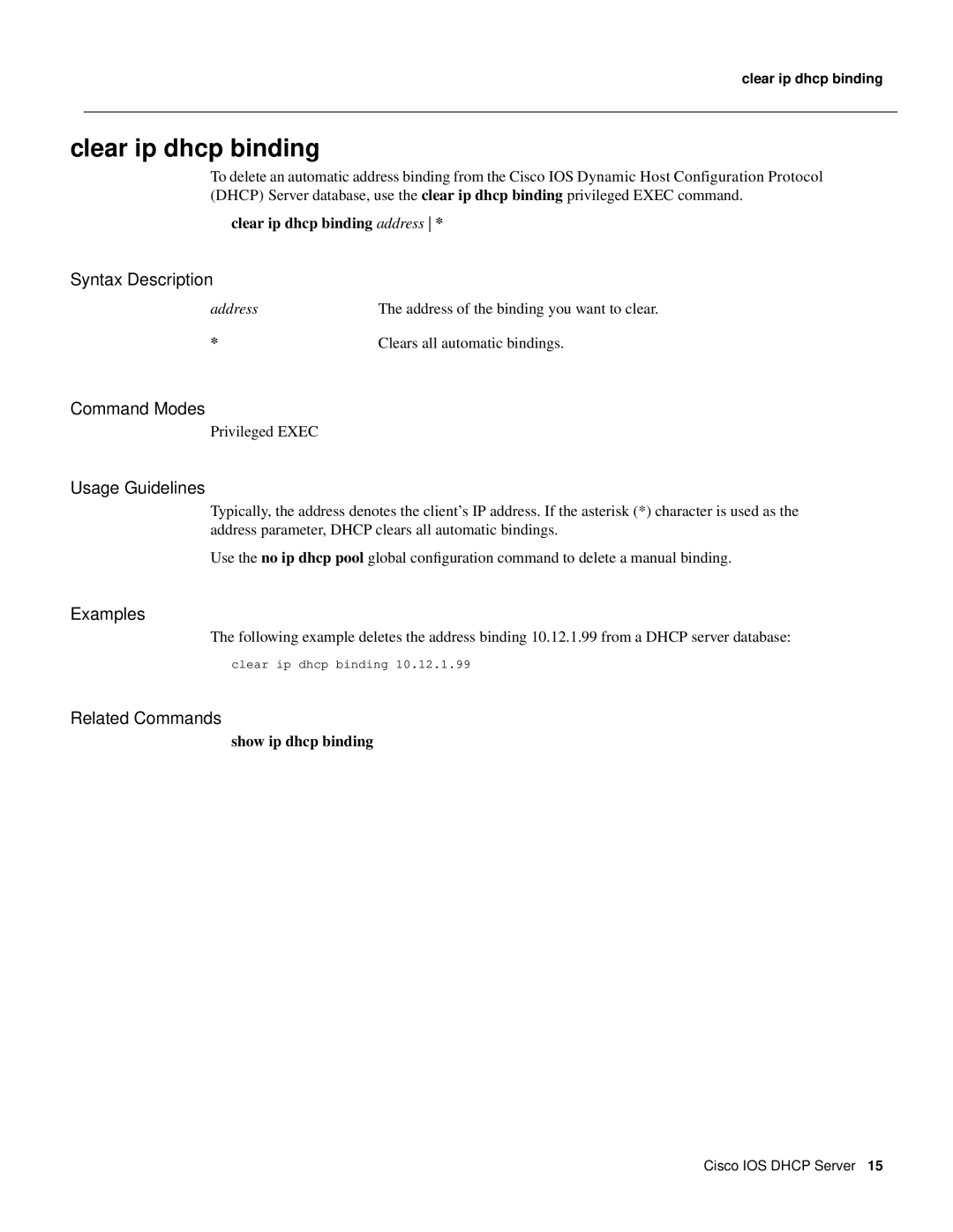 Cisco Systems 32369 manual Clear ip dhcp binding 