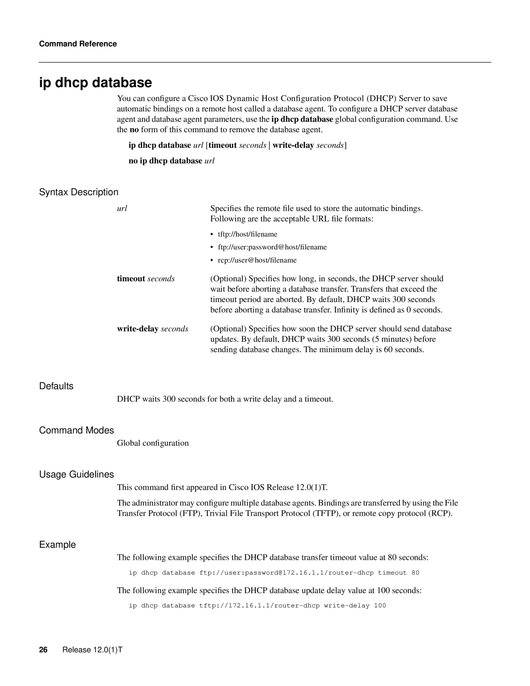 Cisco Systems 32369 manual Ip dhcp database, Timeout seconds 