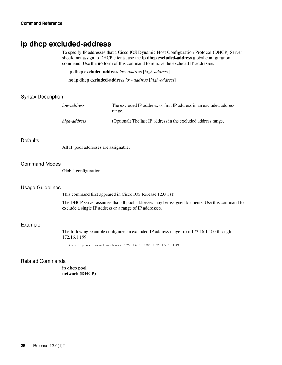 Cisco Systems 32369 manual Ip dhcp excluded-address 