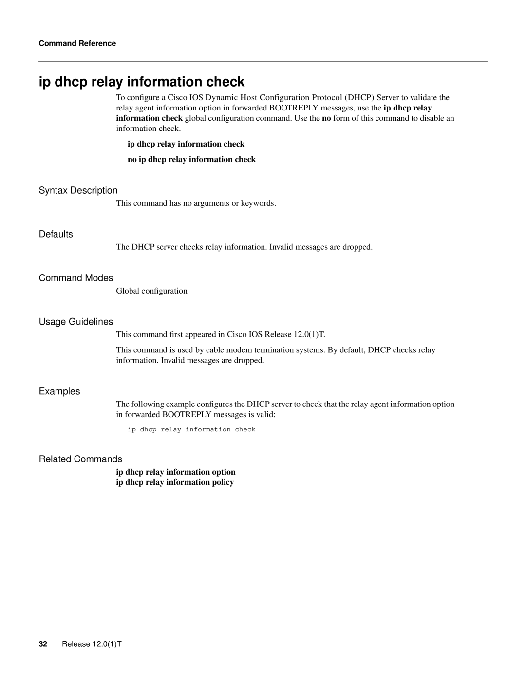 Cisco Systems 32369 manual Ip dhcp relay information check 