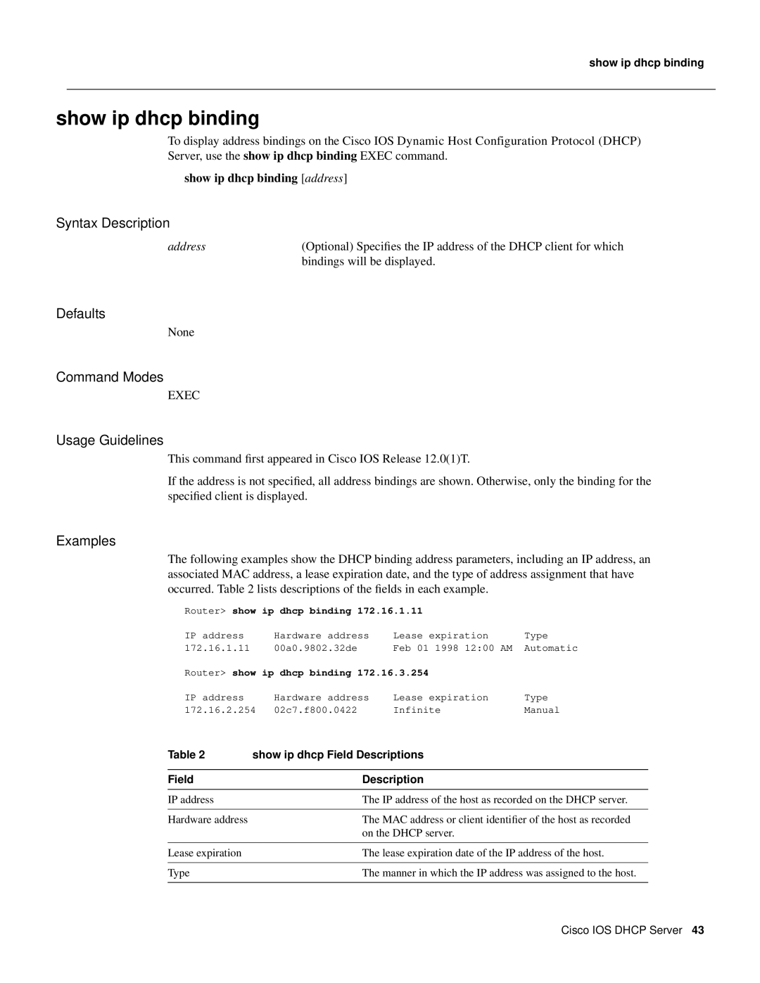 Cisco Systems 32369 manual Show ip dhcp binding, Router show ip dhcp binding 