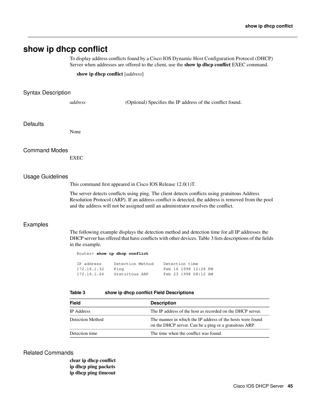 Cisco Systems 32369 manual Show ip dhcp conﬂict, Router show ip dhcp conflict 