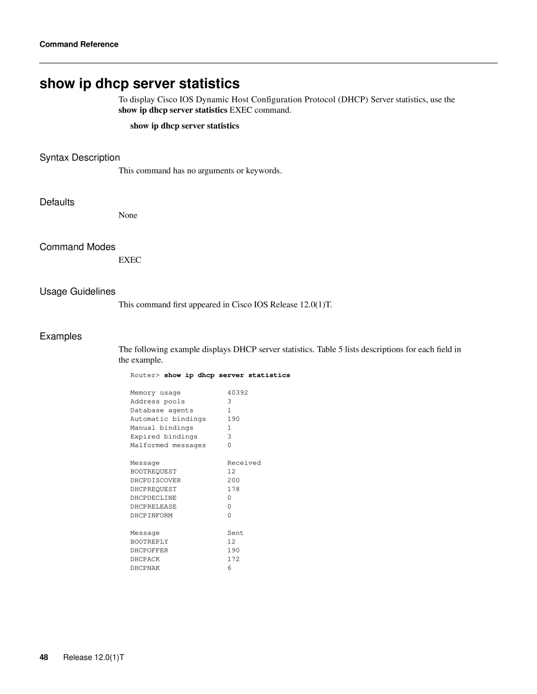 Cisco Systems 32369 manual Show ip dhcp server statistics, Router show ip dhcp server statistics 