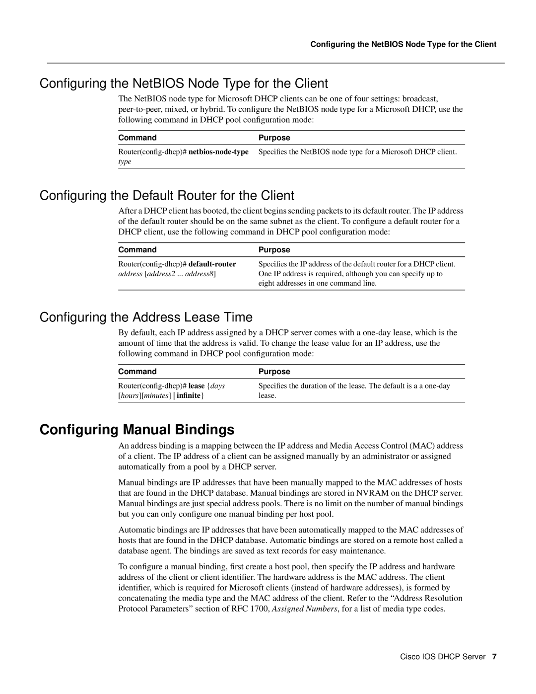 Cisco Systems 32369 manual Conﬁguring Manual Bindings, Conﬁguring the NetBIOS Node Type for the Client 