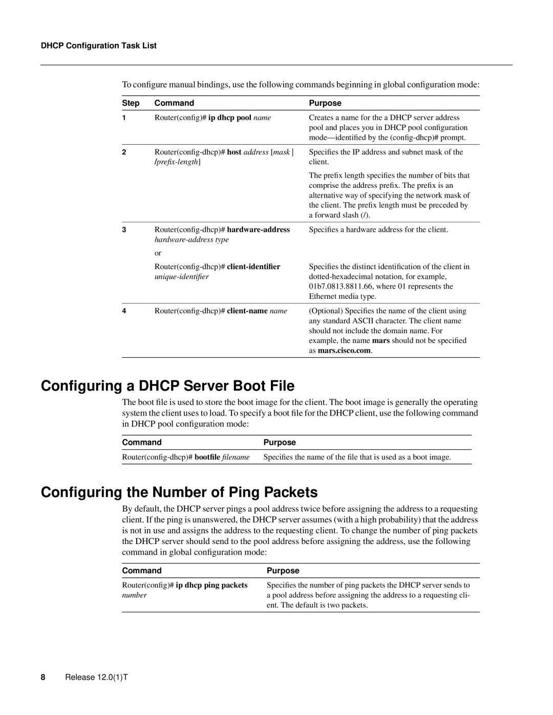 Cisco Systems 32369 manual Configuring a Dhcp Server Boot File, Conﬁguring the Number of Ping Packets 