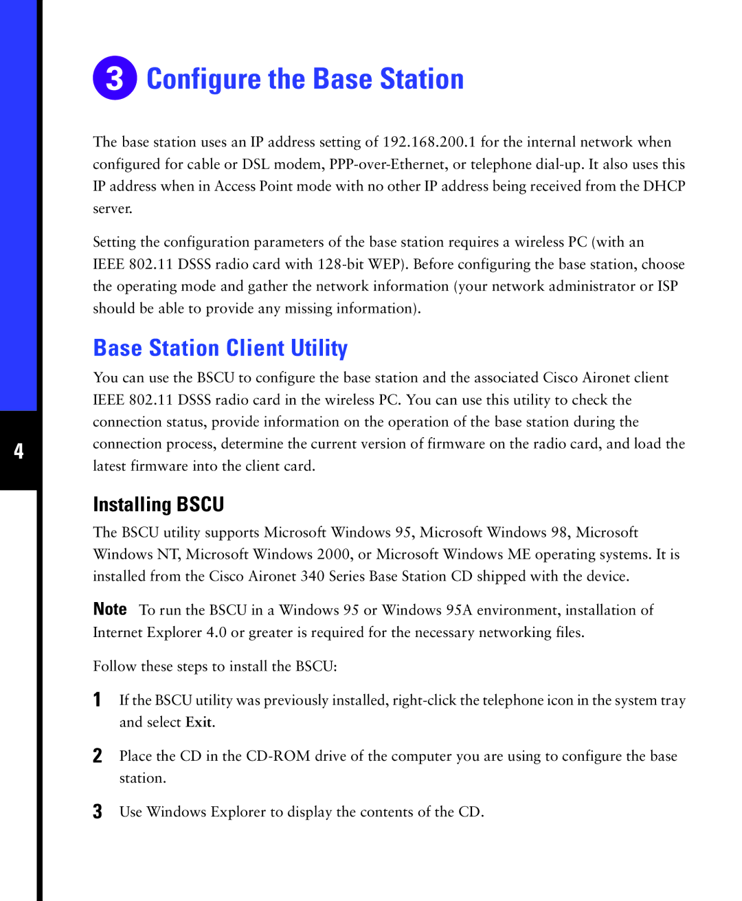 Cisco Systems 340 quick start Base Station Client Utility, Installing Bscu 