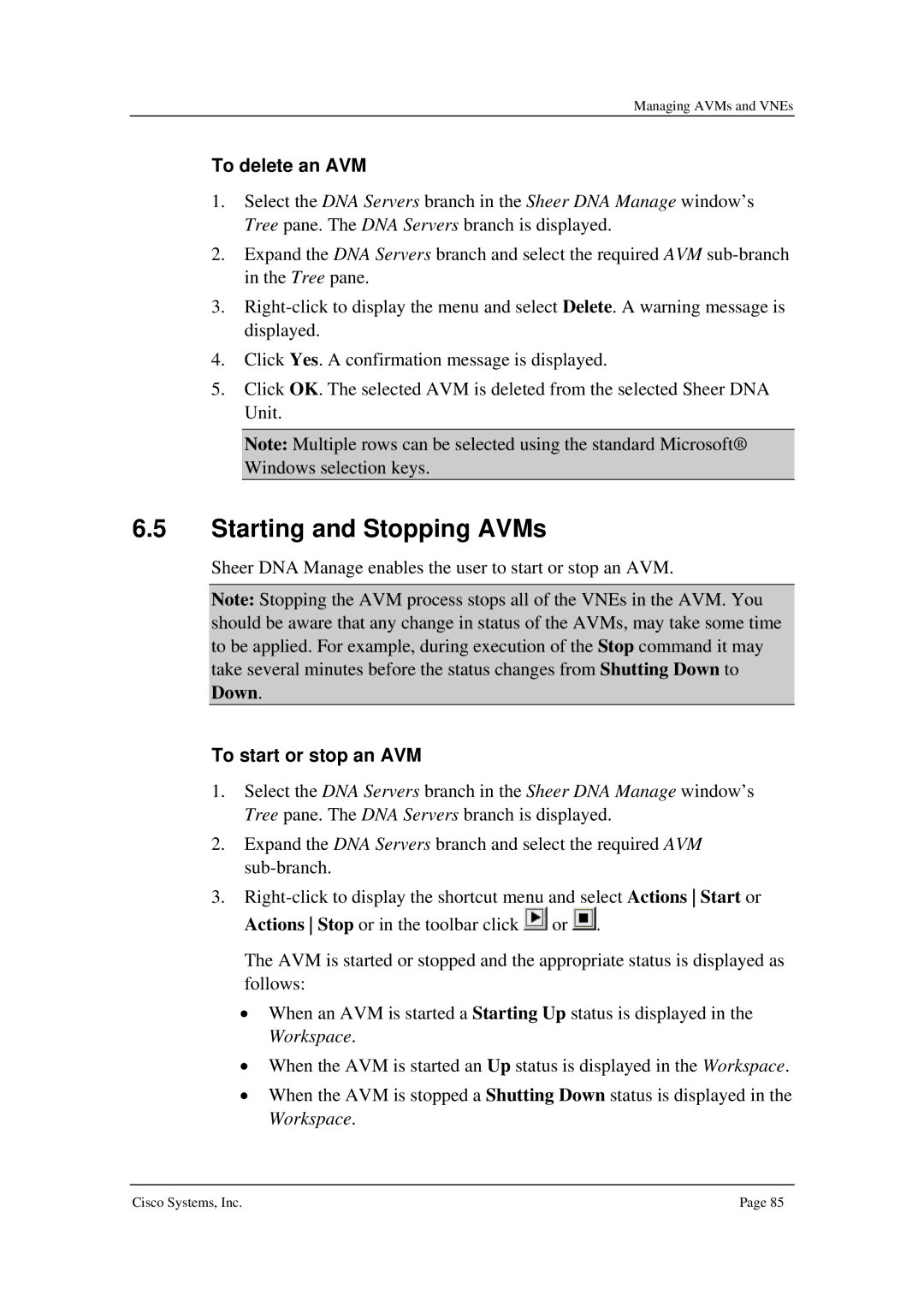 Cisco Systems 3.5 manual Starting and Stopping AVMs, To delete an AVM, To start or stop an AVM 