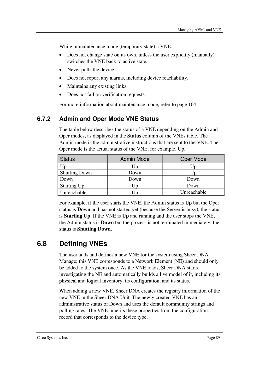 Cisco Systems 3.5 manual Defining VNEs, Admin and Oper Mode VNE Status 