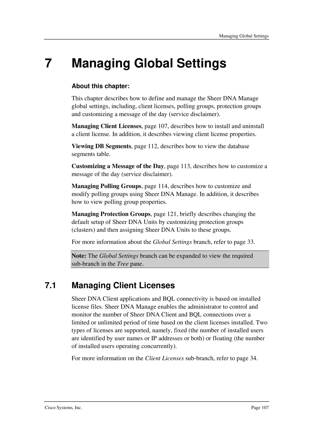 Cisco Systems 3.5 manual Managing Global Settings, Managing Client Licenses 