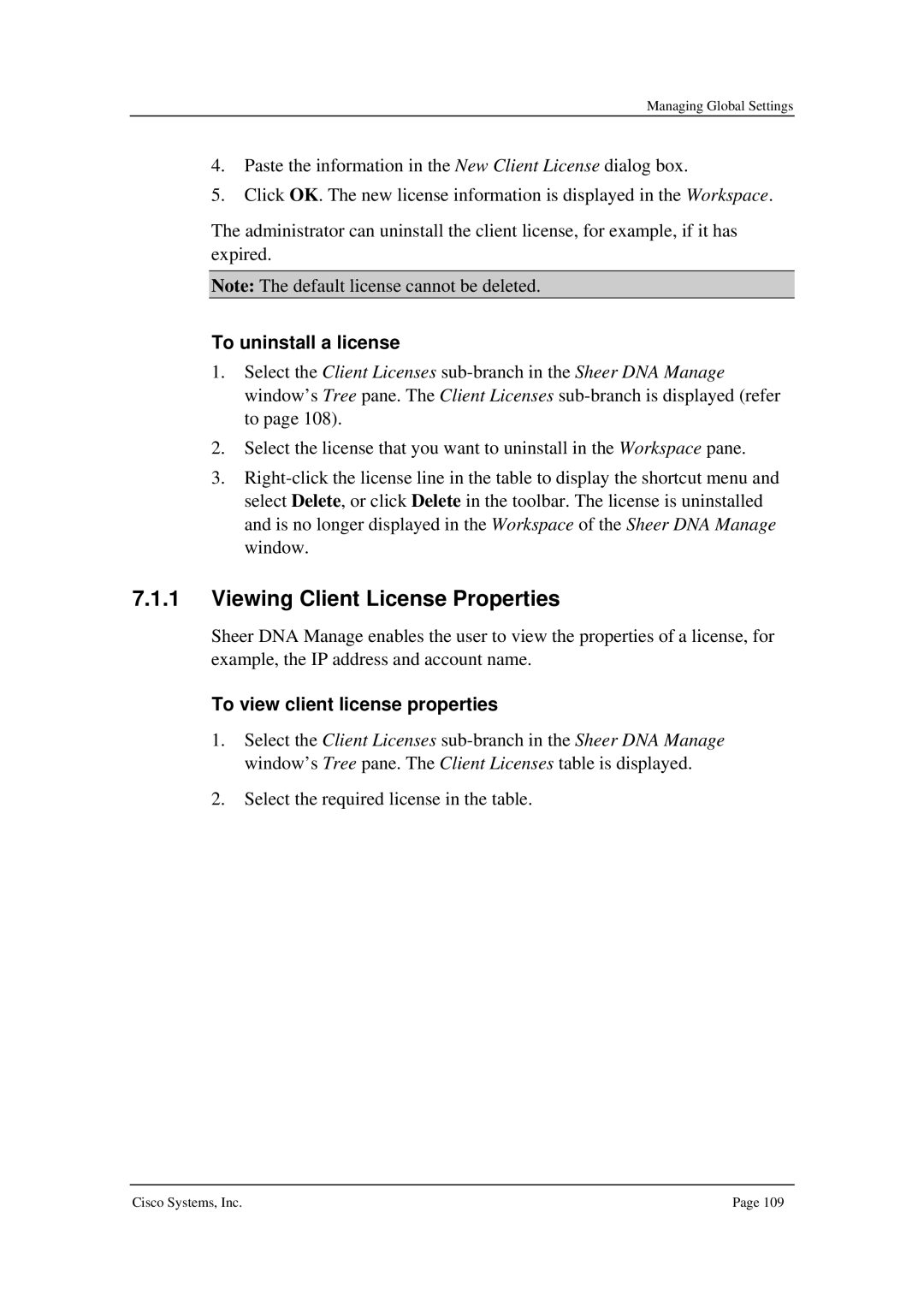 Cisco Systems 3.5 manual Viewing Client License Properties, To uninstall a license, To view client license properties 