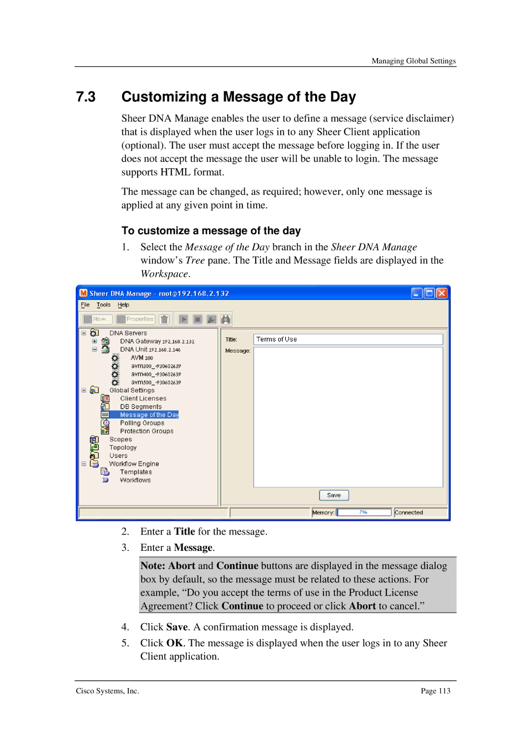 Cisco Systems 3.5 manual Customizing a Message of the Day, To customize a message of the day 