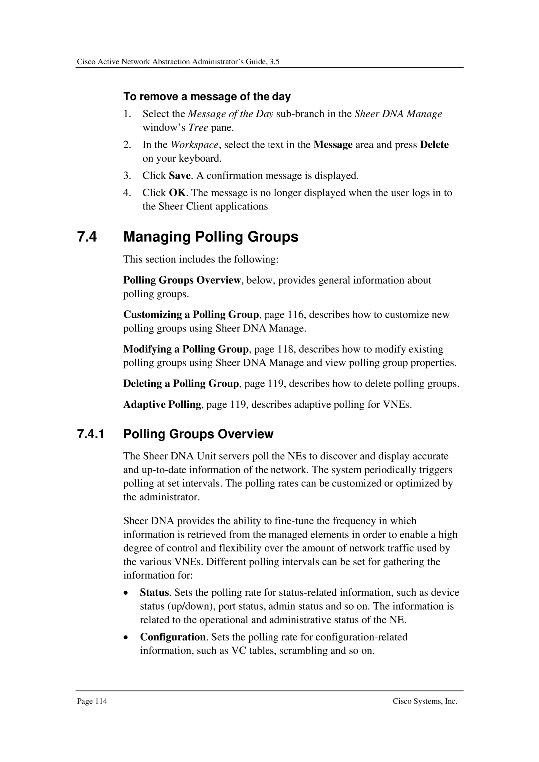 Cisco Systems 3.5 manual Managing Polling Groups, Polling Groups Overview, To remove a message of the day 