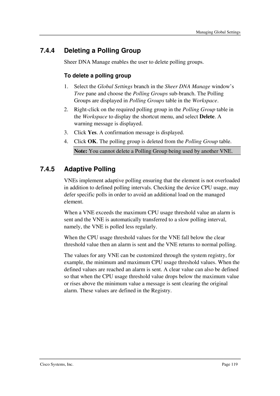 Cisco Systems 3.5 manual Deleting a Polling Group, Adaptive Polling, To delete a polling group 