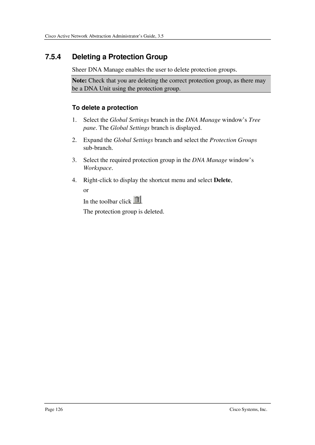 Cisco Systems 3.5 manual Deleting a Protection Group, To delete a protection 