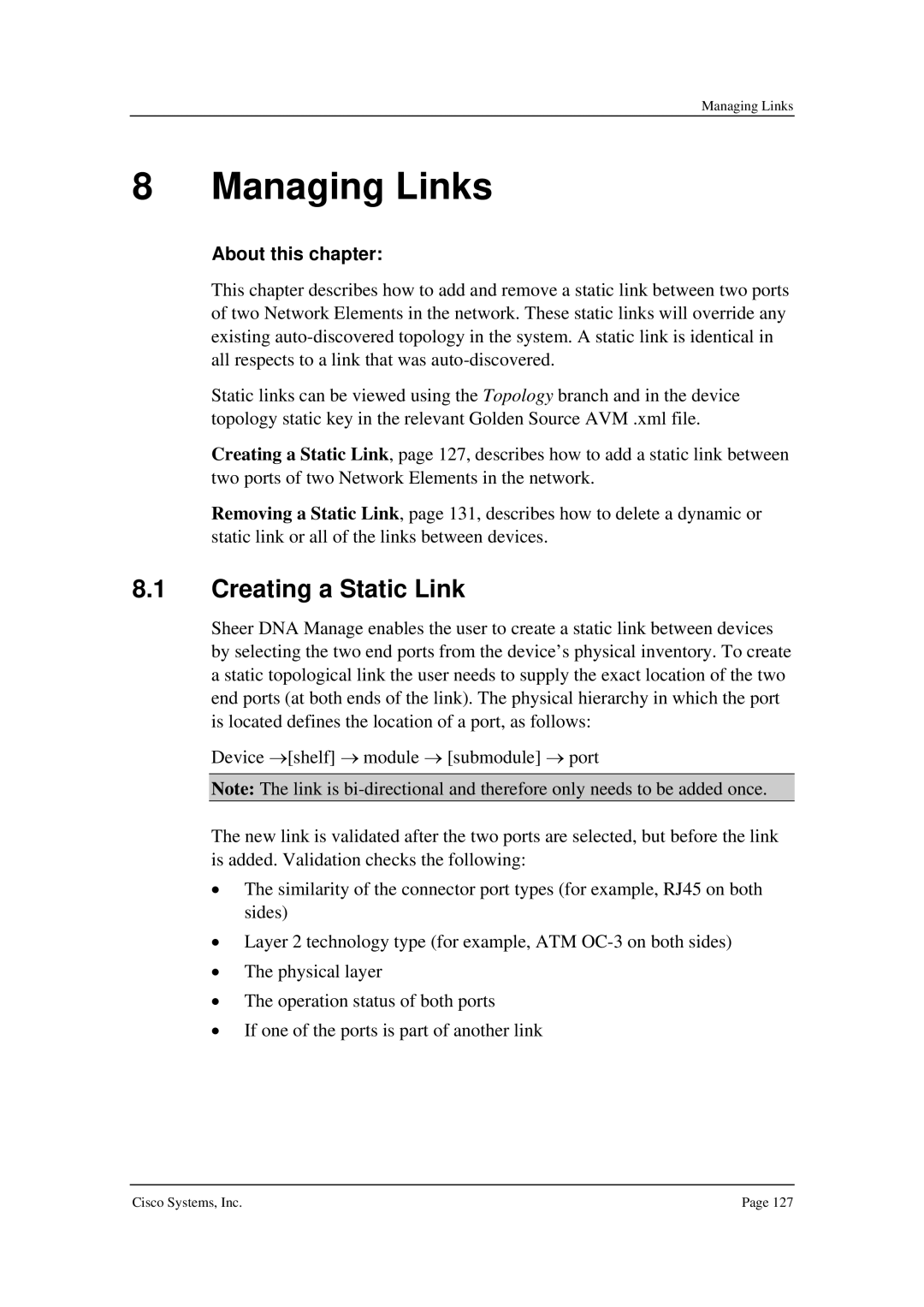 Cisco Systems 3.5 manual Managing Links, Creating a Static Link 