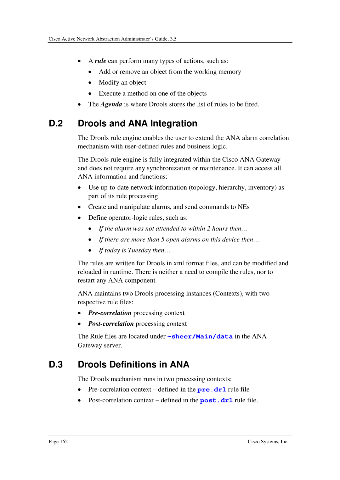 Cisco Systems 3.5 manual Drools and ANA Integration, Drools Definitions in ANA 