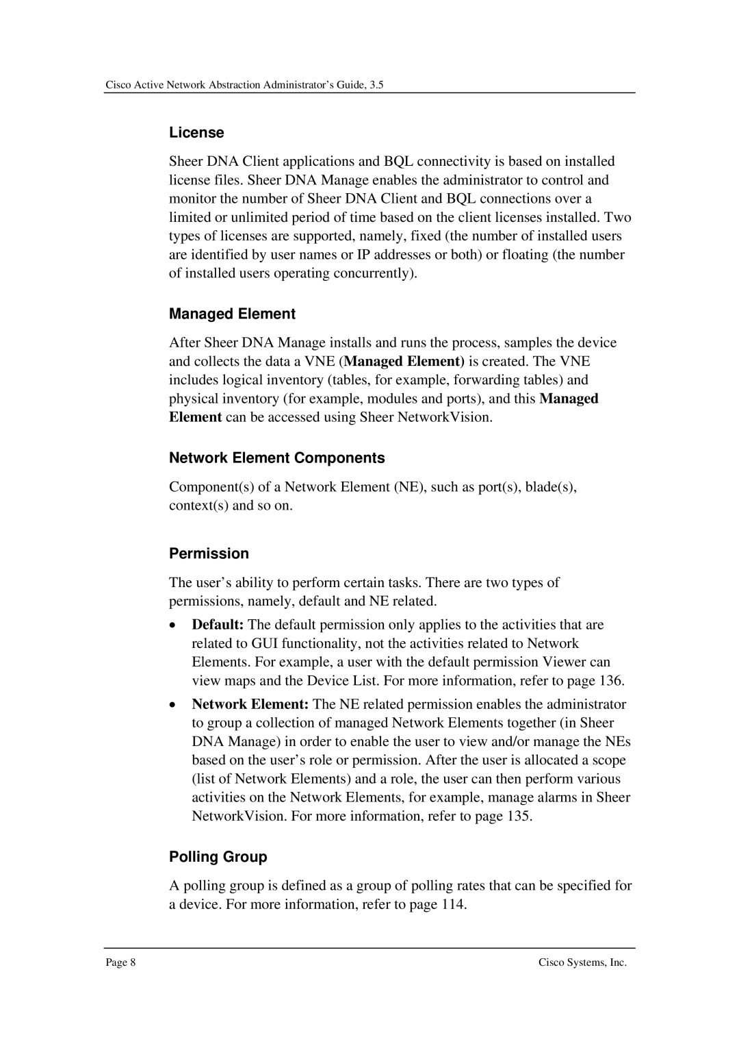 Cisco Systems 3.5 manual License, Managed Element, Network Element Components, Permission, Polling Group 