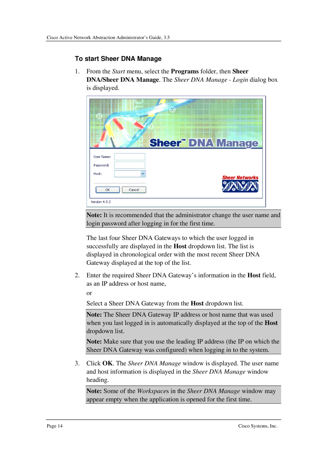 Cisco Systems 3.5 manual To start Sheer DNA Manage 