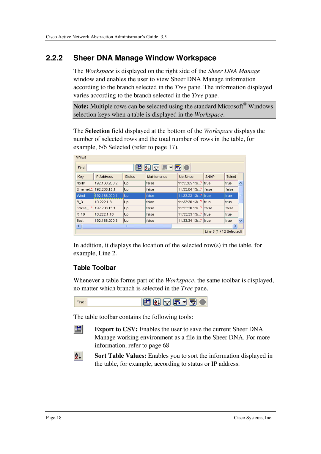 Cisco Systems 3.5 manual Sheer DNA Manage Window Workspace, Table Toolbar 