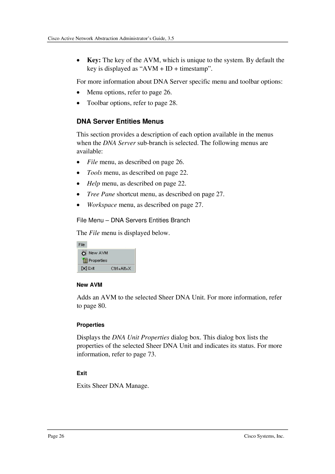 Cisco Systems 3.5 manual DNA Server Entities Menus, Exits Sheer DNA Manage 