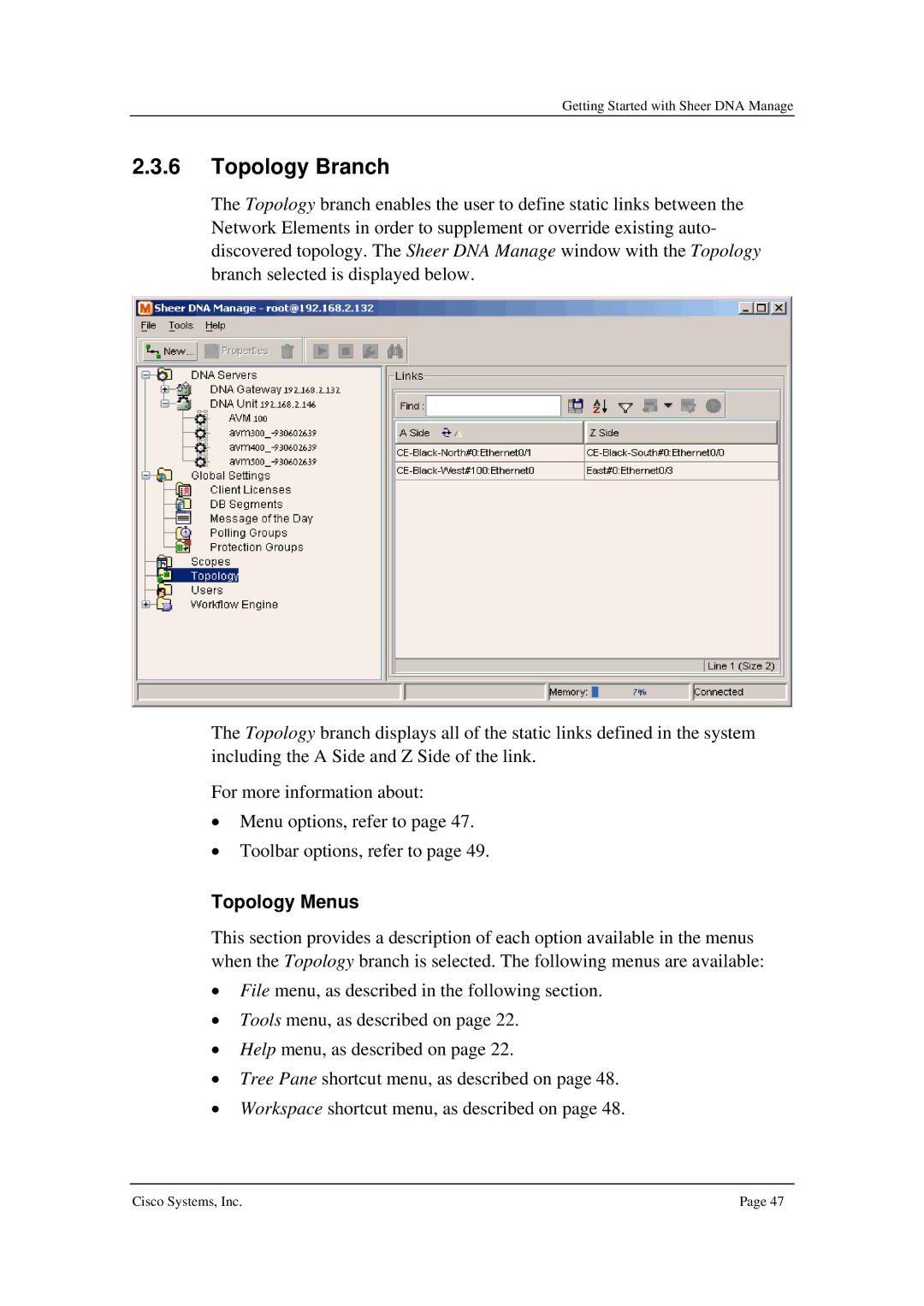 Cisco Systems 3.5 manual Topology Branch, Topology Menus 