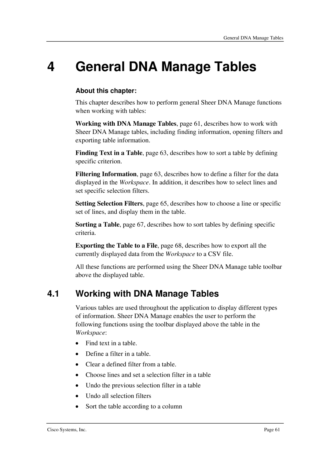 Cisco Systems 3.5 manual General DNA Manage Tables, Working with DNA Manage Tables 