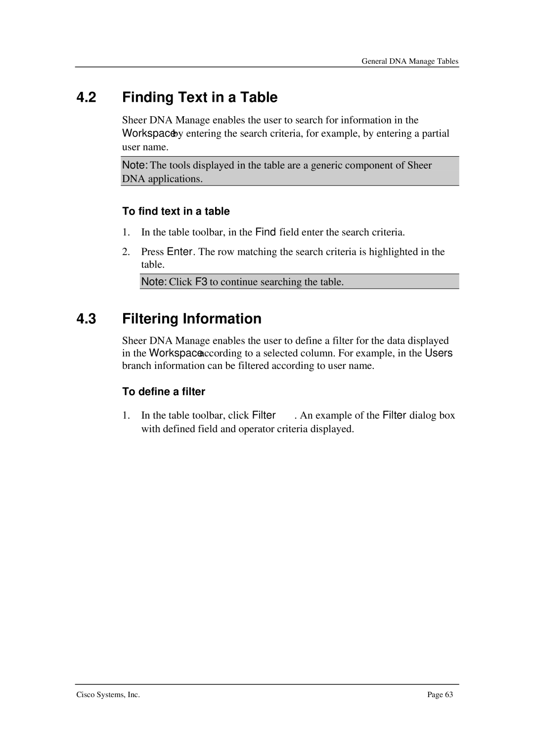 Cisco Systems 3.5 manual Finding Text in a Table, Filtering Information, To find text in a table, To define a filter 