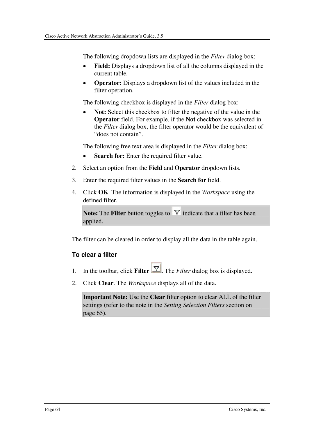 Cisco Systems 3.5 manual To clear a filter 