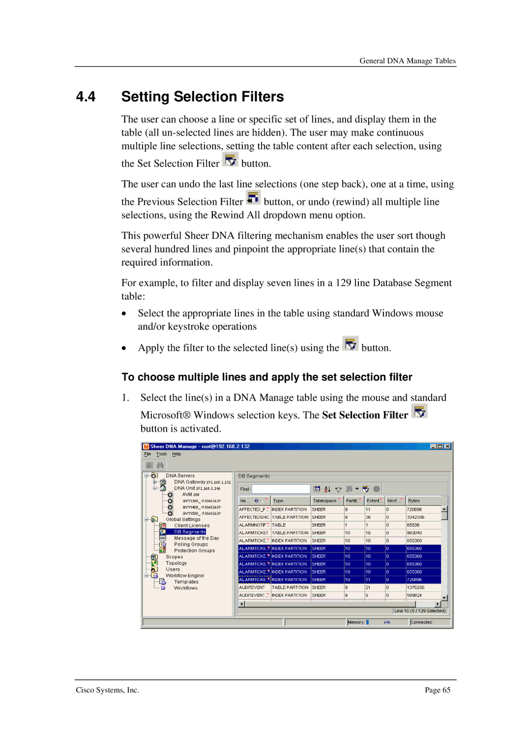 Cisco Systems 3.5 manual Setting Selection Filters, To choose multiple lines and apply the set selection filter 