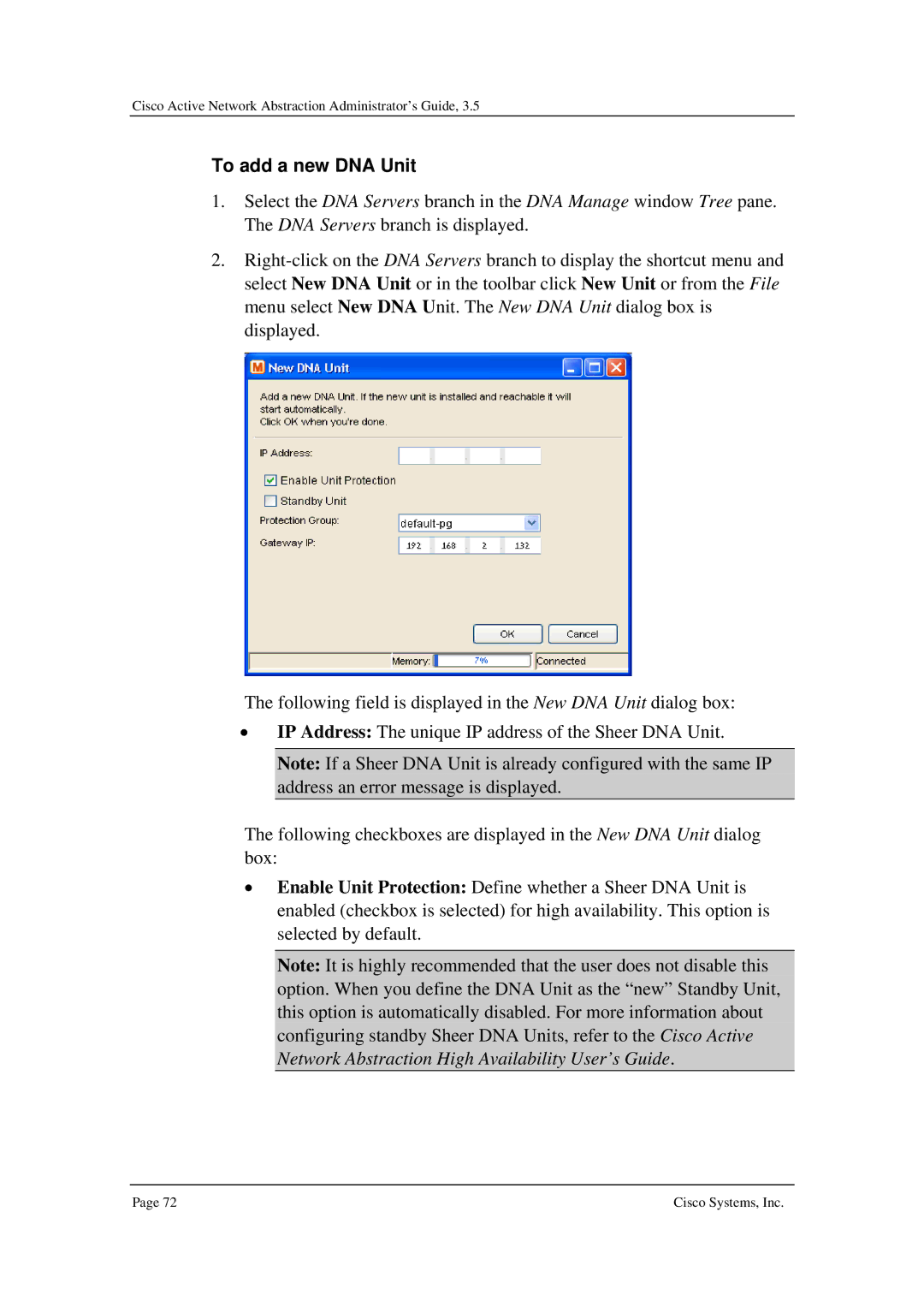 Cisco Systems 3.5 manual To add a new DNA Unit 