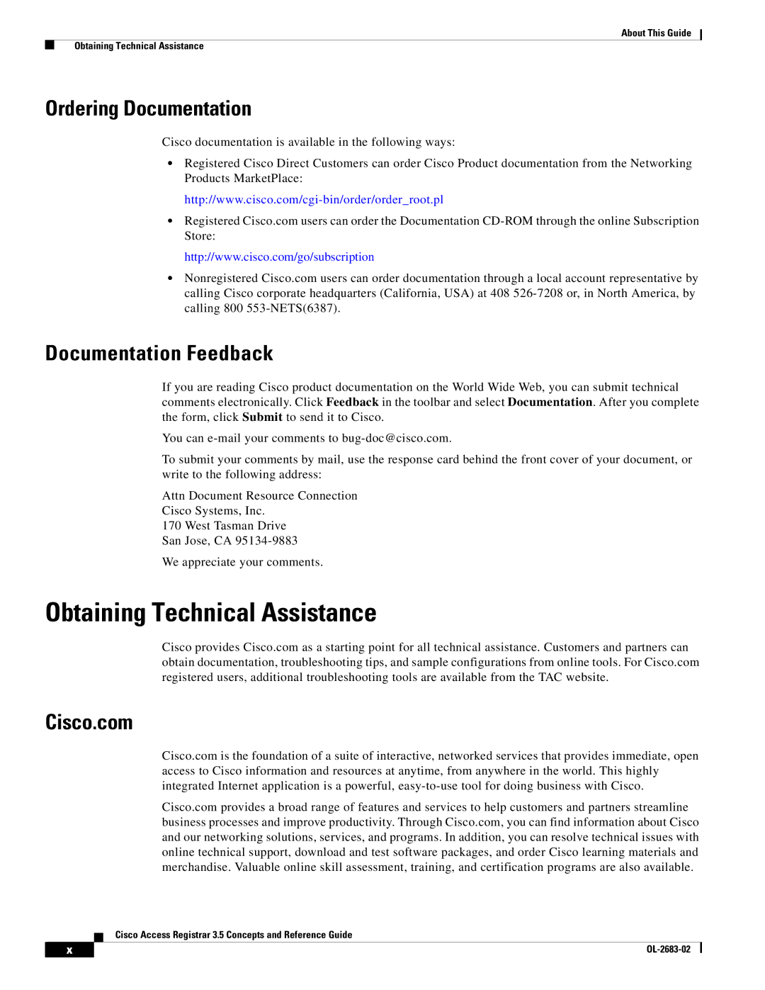 Cisco Systems 3.5 manual Obtaining Technical Assistance, Ordering Documentation, Documentation Feedback, Cisco.com 