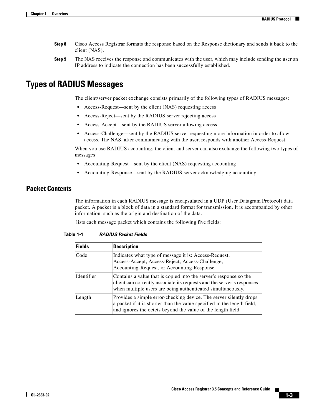 Cisco Systems 3.5 manual Types of Radius Messages, Packet Contents 