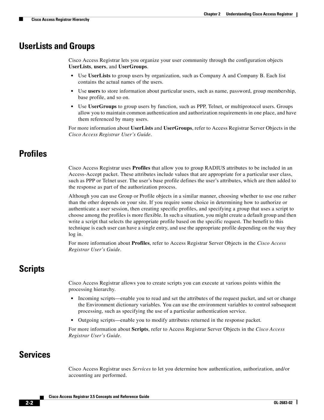 Cisco Systems 3.5 manual UserLists and Groups, Profiles, Scripts, Services 